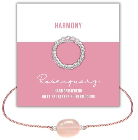 happymaker - Edelstein Schmuck Set Damen, Rosenquarz Armband und Ring mit 925 Silber Kugeln, handgefertigt, Geschenkverpackung, Valentinstag Geschenk