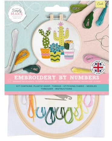 Simply Make Embroidery by Numbers Kit, Cacti, Multicoloured, Single Craft Kit, Stitch and Sewing Kit That Includes Embroidery Threads, Craft Kits for Adults UK, Embroidery Kit with Embroidery Hoop