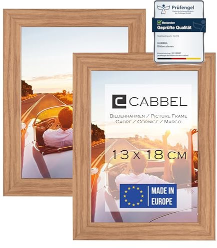 CABBEL Doppelpack (2er Set) Bilderrahmen 13x18 cm, Eiche, stabiles MDF-Holz Rahmen, bruchsicherem Plexi-Glas, zum Aufhängen & Aufstellen, ideal für Fotos/Bilder/Collage