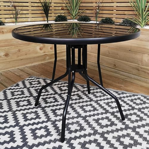 Samuel ALEXANDER 4 Person Round Black Garden Table with Glass Top & Parasol Hole