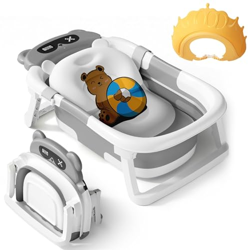 LiveGo Baignoire Bébé Pliable avec Moniteur de Température en Temps Réel et Coussin Flottant, Pliable et Portable, Idéale pour Nouveau-Né et Tout-Petit (0-36 Mois), à la Maison et en Voyage