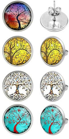 Lot de 4 boucles d'oreilles arbre de vie en acier inoxydable pour femme - Boucles d'oreilles vintage turquoise - Boucles d'oreilles tendance - Convient pour les anniversaires, les fêtes, les bals de