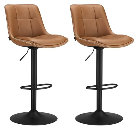 VASAGLE Bar Stools, Set of 2 Swivel Bar Chairs, Adjustable Height, Quilt, Synthetic Leather Kitchen Stools with Back and Footrest, Dining Room, Counter, Steel, Caramel Brown ULJB095K01