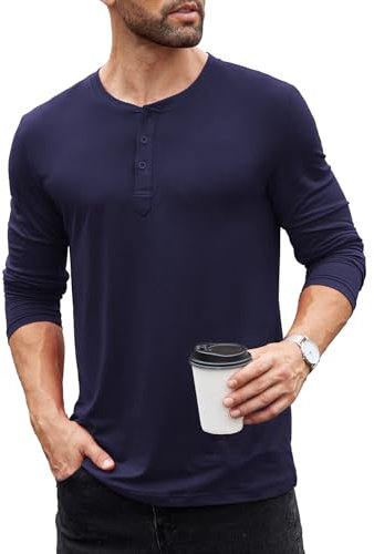 COOFANDY Mens T Shirts Long Sleeve Henley Tshirt Grandad Collar Shirts Button Thermal T-Shirts Smart Shirts Full Sleeve Navy Blue L