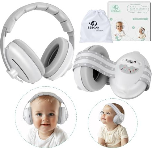 BEBOAN 2-in-1 Baby Ear Defenders Baby Noise Cancelling Headphones Gray Toddler Newborn Ear Defenders Baby Ear Muffs Protectors for Airplane Travel