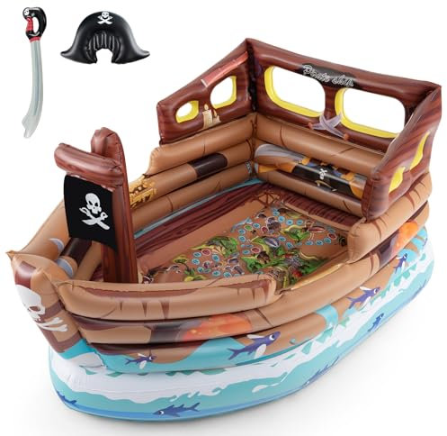 COSTWAY Castello Gonfiabile a Forma di Nave Pirata, Nave Pirata Gonfiabile con Spada e Cappello, Ventilatore Incorporato e Mappa del Tesoro, per 2 bambini 3 Anni+, Capacità di Carico 54 kg