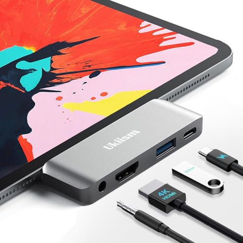 USB C Hub HDMI Adapter for iPad Pro/Air, 4 in 1 USB C Docking Station with 4K HDMI, 3.5mm Headphone Jack,USB 3.0, PD 18W Compatible with iPad Pro/Air/Mini, Samsung Galaxy Tab, Surface Go/Book 2