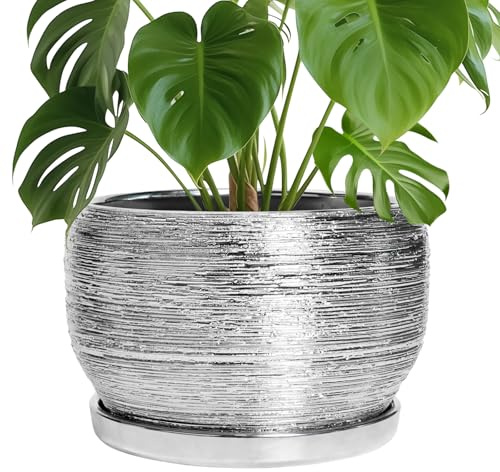 SQOWL Ceramic Pot for Plants - 10 Inch Planter Indoor, Round Large Planter Outdoor with Drainage Hole and Plant Saucer, Decorative Ceramic Flower Pot, Kitchen Decor, Housewarming Gifts, Silver