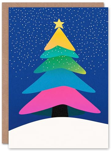 Wee Blue Coo Greeting Card Rainbow Colour Tree Winter Falling Snow Modern For Child Kids Xmas Christmas Card