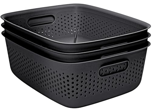 KONZEPT 3er Set Aufbewahrungsbox 10l, Aufbewahrungskorb aus Kunststoff mit Griff, perforierte, schwarz Boxen zur Aufbewahrung