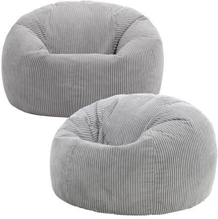 Icon Kingston Sitzsack Cord, Grau, 2er Pack, Sitzsack Erwachsene mit Füllung, Bean Bag, Cord Sessel, Lounge Sessel, Lounge Stuhl, Schlafzimmer, Wohnzimmer, Wohnzimmer Möbel
