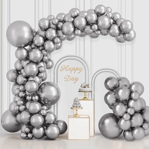 Palloncini Argento Metallizzato BIQIQI 113pcs Palloncino D'argento per Arco di Ghirlanda Come Festa di Compleanno, Festa di Laurea, Decorazione di Nozze, Palloncini 18 12 10 e 5 Pollici