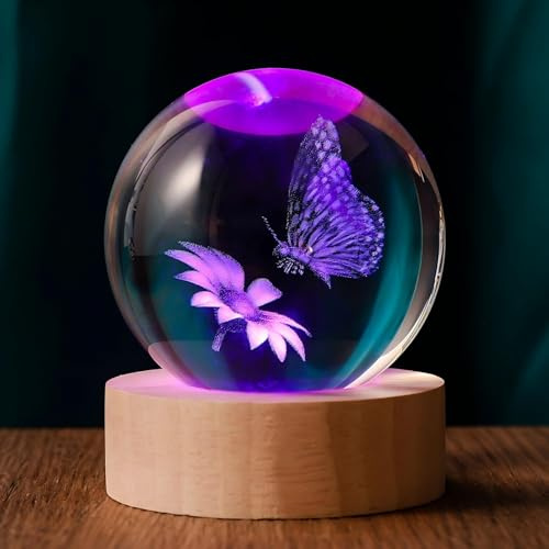 QIANRUNA 3D Butterfly 60mm Crystal Ball Night Light Decor Gifts for Women