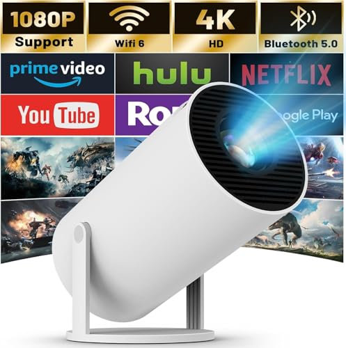 XYRO Projector, Portable Mini Projector with WiFi 6 and Bluetooth 6.0, Smart Projector 4K 1080P Support, 280 ANSI Lumens, Auto Keystone Video Projector for Bedroom Home Outdoors (White)