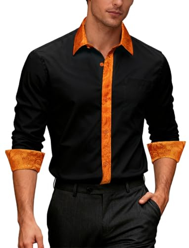 Ailisus Men's Black Orange Shirts Long Sleeve Outer Contrast Casual Regular Fit Button Down Dress Shirts Designer Tops for Party Business Wedding