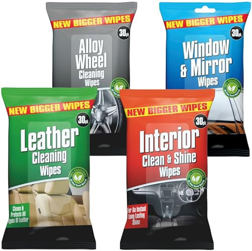 Car Interior Cleaning Wipes Set Biodegradable, Interior, Glass, Leather, Alloy Wheel Wipe | Car Wipes Dashboard Cleaner 4x30 120 Set