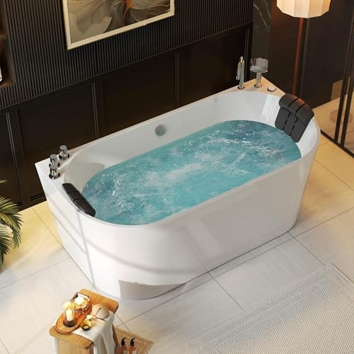 Empava 59 in. Acrylic Freestanding Tub Hydromassage Gracefully Oval Shaped Whirlpool 8 Water Jets Soaking SPA, Double-Ended Massage Bathtub with Two Black Pillow