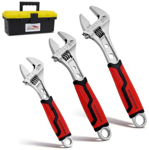 HOUSERAN 3-teiliges Schraubenschlüssel-Set, 160, 210 und 260mm | Rollgabelschlüssel, Einmaulschlüssel aus Cr-V Stahl,Verstellbare Engländer mit extra breitem Maul