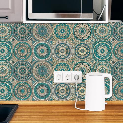Mosaikfliesen Beige Mandala Türkis Selbstklebende Fliesen Küche PVC Fliesensticker Wasserdicht Klebefliesen Selbstklebend Fliesenaufkleber Boden Ölfest Tile Sticker Fliesen zum Kleben 15x15cm/10 Pcs