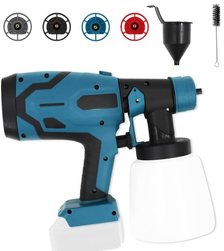 Sistema de pulverización de pintura inalámbrico con depósito de 800 ml y 4 boquillas, 3 patrones de pulverización, pistola pulverizadora de pintura para paredes y vallas, compatible con batería Makita