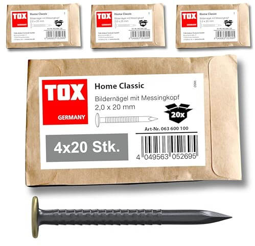 TOX Bildernagel Home Classic aus gehärtetem Stahl mit Messingkopf in recycelbarer Papierverpackung, Größe 2,0 x 20 mm, Stahlnägel für Bilder für nahezu alle Baustoffe, 4x 20 Stk., 063600100
