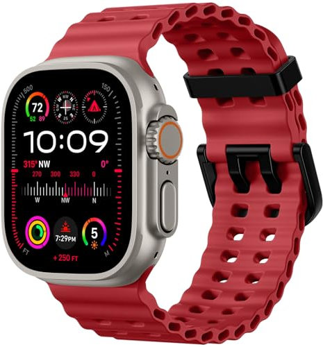 Upeak Correa deportiva compatible con Apple Watch Ultra de 49 mm, 45 mm, 44 mm, 42 mm, 46 mm, correas ajustables de silicona Ocean Loop para iWatch Series 11 10 9 SE 8 7 6 5 4 3 2 1, rojo