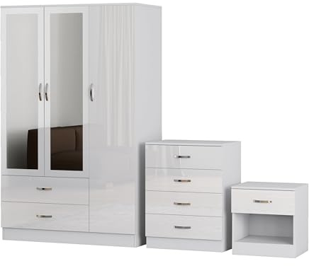 Nera 3 Door Wardrobe Set 3 Piece with Mirror Chest of Drawers Bedside Table for Bedroom Storage (High Gloss White Door(Matt White Carcass))