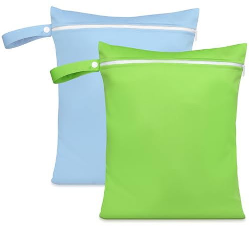 AOOSA 2 Stück Nasstasche, Wiederverwendbare Windeltasche mit Reißverschluss | Leichter Wasserdichte Wäschesäcke, Wet Bag für Babys, Schwimmen, Reisen, Fitnessstudio, Strand (Grün + Blau)