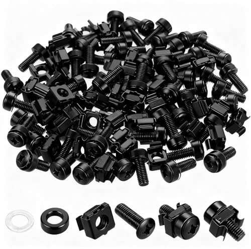 qxayxa 260 Pcs (130 Sets) Rack Mount M6×20 mm Cage Nuts & Screws Kit, Black | Black M6×20 mm rack screws, cage nuts & washers—fit server cabinets, audio racks & shelves; durable set in an organized box.