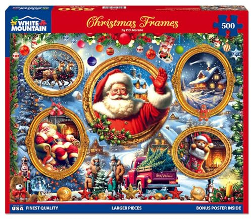 White Mountain 500 Piece Jigsaw Puzzle Winter Santa, Christmas Frames | Large Pieces, Gift for Adults and Family, 18x24 in
