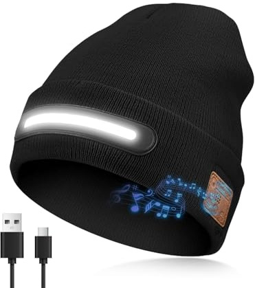 ViKKent Bluetooth Mütze mit 500 lm LED Licht 2026, 700MAH Wiederaufladba Freisprech-Stirnlampe mit Bluetooth V5.3, Kabellos, Wintermütze Beanie Herren Damen, Geschenke für Männer Frauen Weihnachten