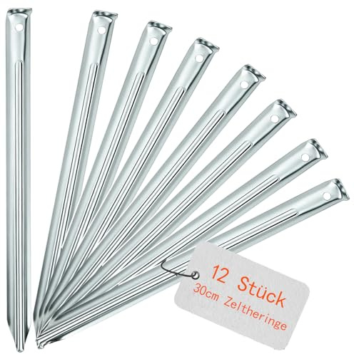 12 Stück Zeltheringe Sandheringe - 30cm Heringe Zelt Erdanker Bodenanker mit V-Profil und Öse, Stabile Erdspieße Metall, ideal für Garten, Camping, Angeln und Entdeckungen