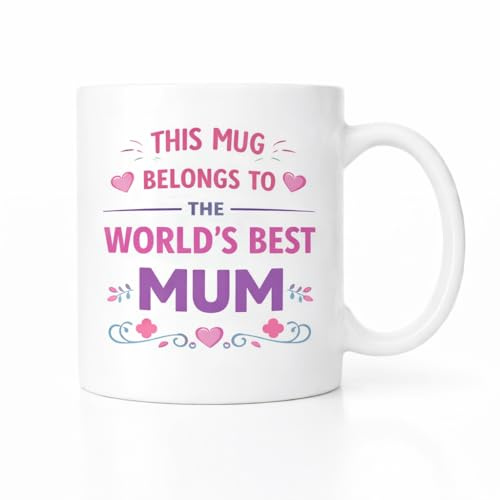 Brew Crew Gifts World's Best Mum Ceramic Coffee Mug, White, Pink and Purple, Dishwasher and Microwave Safe, Perfect for Mother's Day, Birthdays, Christmas