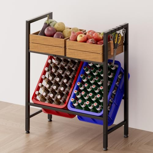devesanter Getränkekistenregal für 4 Kisten,150 kg Traglast Robustes Metallregal mit 4 Halterungen & 4 Haken Lagerregal für Bierkästen,Obst,Gemüse Für Küche,Keller,Wohnzimmer (Schwarz)