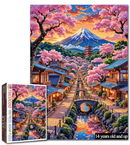Mont Fuji Casse-tête en fleur de cerisier pour adultes - 1000 pièces - Scène de rue japonaise - 50,8 x 68,6 cm - Jeux éducatifs colorés pour décoration de la maison