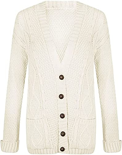 Purple Hanger New Womens Everyday Long Sleeve Button Top Ladies Chunky Aran Cable Knit Grandad Cardigan (20 XXL, Cream)