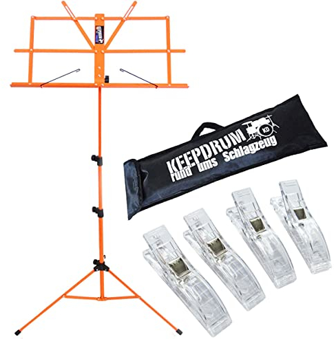 keepdrum MUS2OR Notenstaender Orange + Tasche + 4 Stück Clip Notenklammern
