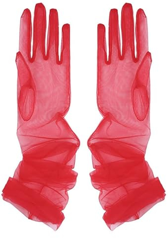 iEFiEL Damen Tüll Handschuhe Braut Lange/Kurze Handschuhe Fäustlinge Transparent Vollfinger Armstulpen Hochzeit Cocktail Party Accessoires A Rot Einheitsgröße