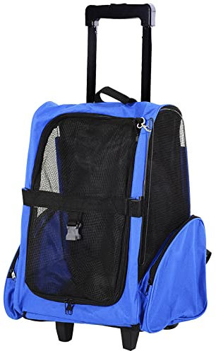 PawHut Trasportino Zaino 2 in 1 per Cani e Gatti con Tasche Laterali, Maniglia Telescopica e Ruote, 42x25x55cm, Blu