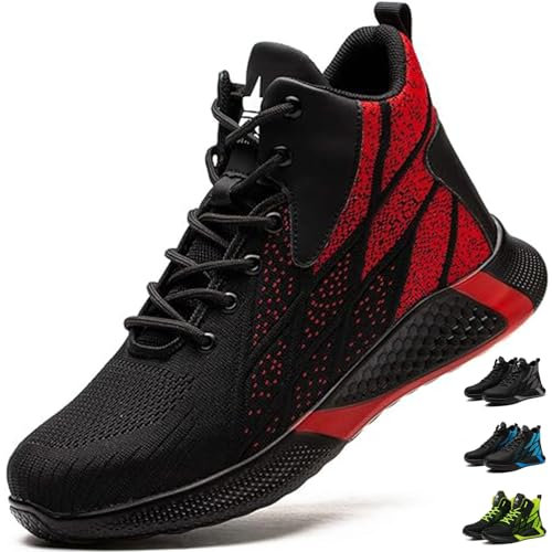 PAQOZKC Chaussures de Sécurité Montante Légère Hommes Femmes Basket de Sécurité Confortable Chaussures de Travail Haute Respirantes 8081/Rouge 40
