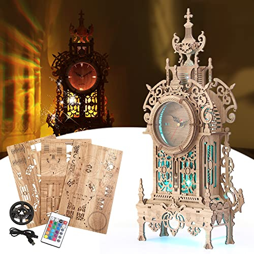 FUNPOLA 3D Holz Puzzle LED Turmuhr Modell, 3D Puzzle BAU Modell Desktop Uhr Modell DIY architektonische Bauklötze (TC02)
