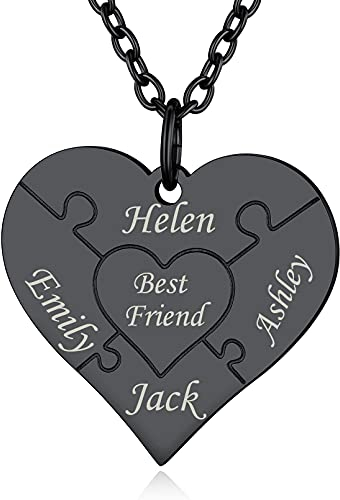 Custom4U Edelstahl Paar Halskette Mit Herz Anhänger Schwarz Damen Mit 4 Namen 51cm + 5cm Kette Namenskette