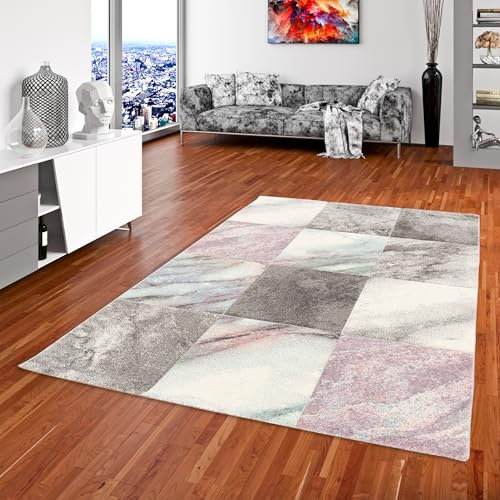 Kurzflor Wohnzimmer Designer Teppich Maui Pastell Marmor Optik Grau Rosa in 5 Größen