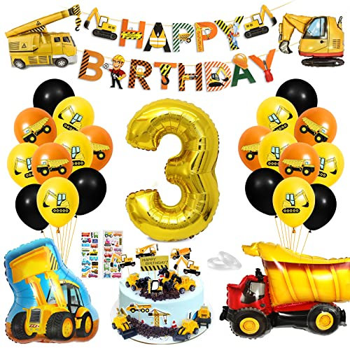 Bagger Deko Kindergeburtstag 3, Baustellen GeburtstagdekoJunge 3 Jahre, Bagger Luftballons Geburtstag, BAU Party Dekoration, 3 Folienballon, Baufahrzeug Spielzeuge