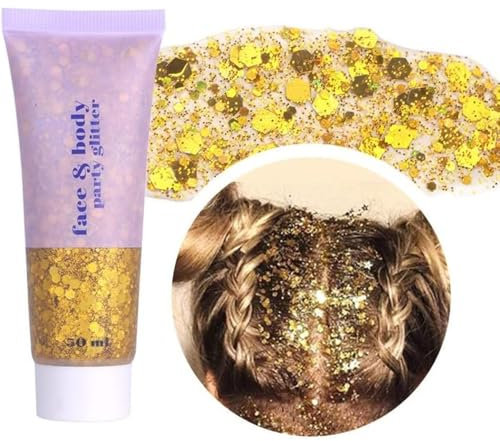 Beliky Girl Body Glitter Gel, 50ML Face Glitters Body Gel Sequins Shimmer Liquid Eyeshadow, Mermaid Sequins Liquid Holographic Glitter Gel, Chunky Glitter for Face Hair Nails (Gold)