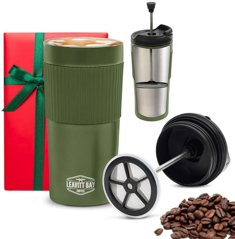 Travel French Press Mug (15oz) - Stainless Steel & Double Wall Vacuum Army Green Coffee Maker – Single Serve French Press for Travel, Home, Office, & More - Tea Press Tumbler