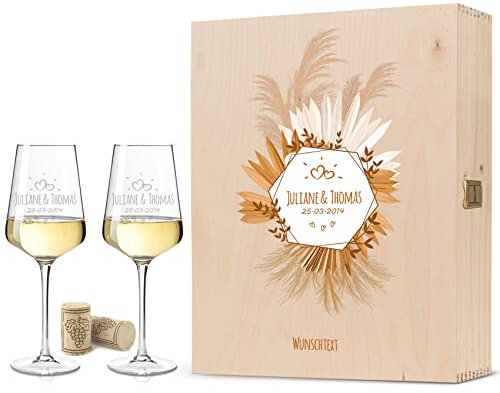 Leonardo Puccini Weingläser mit Gravur - Tropical Pampasgras - Personalisiert mit Namen & Datum inkl. Holzkiste - Geschenk zur Hochzeit Verlobung Jahrestag - Farbe: Große Kiste UV
