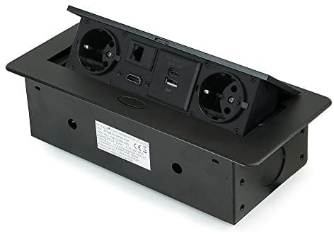 Emuca - Regletas Enchufe, Regleta multienchufe retráctil para empotrar en la Mesa, Base de enchufes multiconector (Enchufe EU Tipo F, USB A+C, RJ45 y HDMI), 265x120mm, Negro