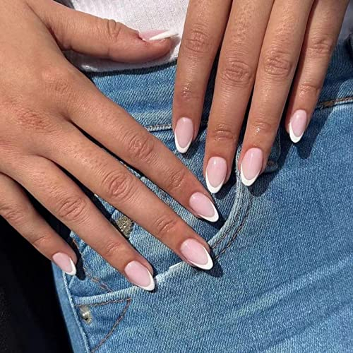 JUSTOTRY 24 Pcs Short False Nails Oval,White French Press on Nails Pattern,Nude Fake Nail Short,Almond Stick on Nail for Women,Nails Fake Nail Medium for Nail Art