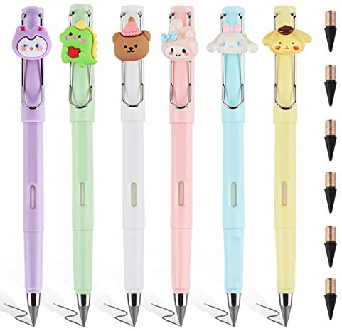 FainFun Tintenlose Bleistifte Ewig, 6 Stück Unendlicher Bleistift Schwarz mit 6 Stück Ersatzmine, Ewiger Bleistifte Dünn, Tintenloser Bleistift Ewig mit Radierer, Tintenloser Stift für Kinder (K)